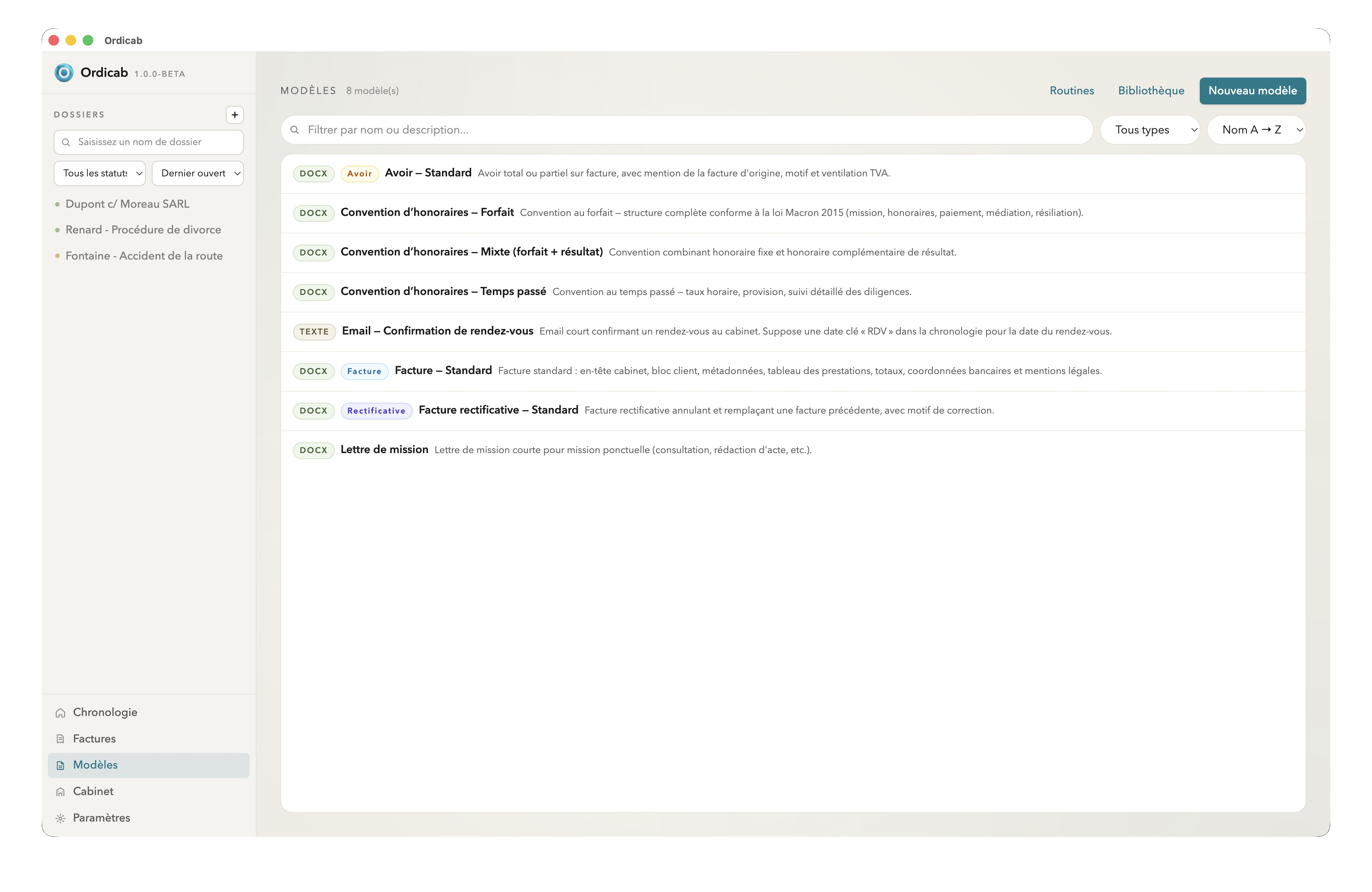 Liste des modèles de documents
